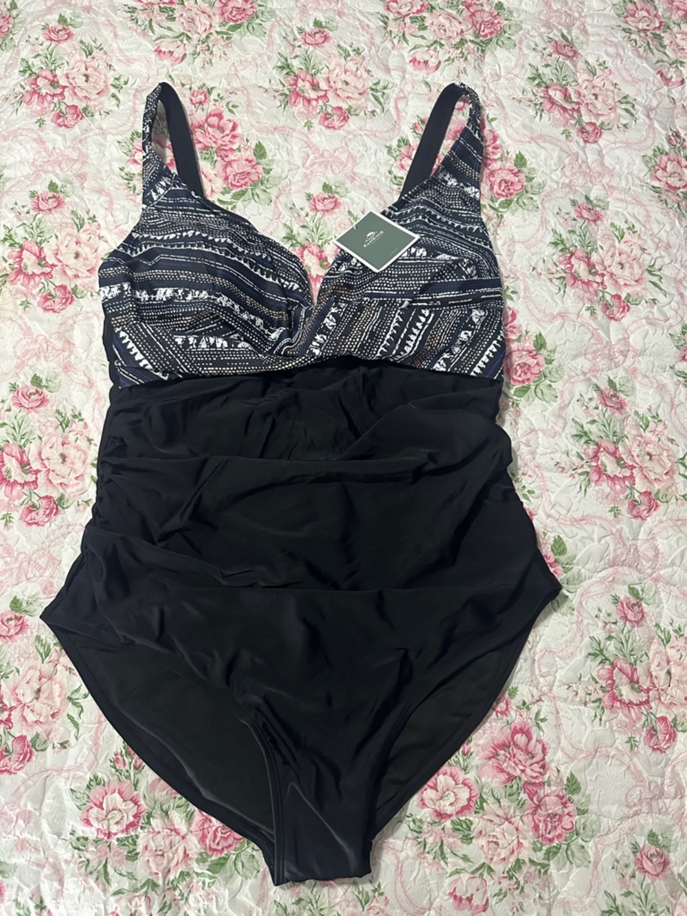 Women's Black One-Piece Swimsuit with Patterned Navy Top